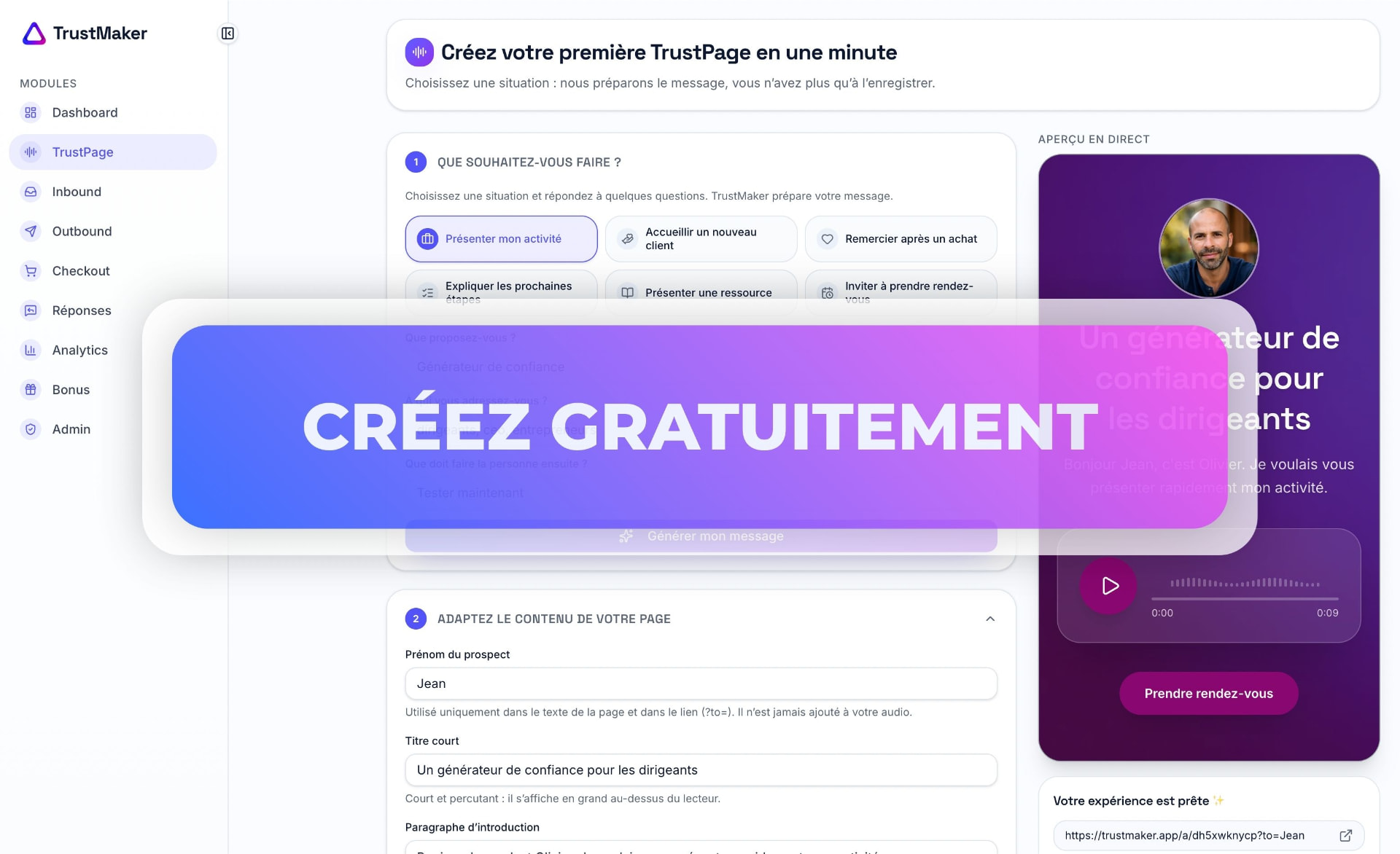 Interface de création TrustMaker : choix d'un scénario, personnalisation du message et aperçu en direct