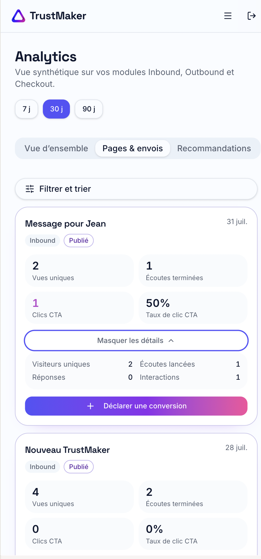 Tableau « Pages & envois » du module Analytics sur mobile : cartes par page avec vues uniques, écoutes terminées, clics CTA et taux de clic.