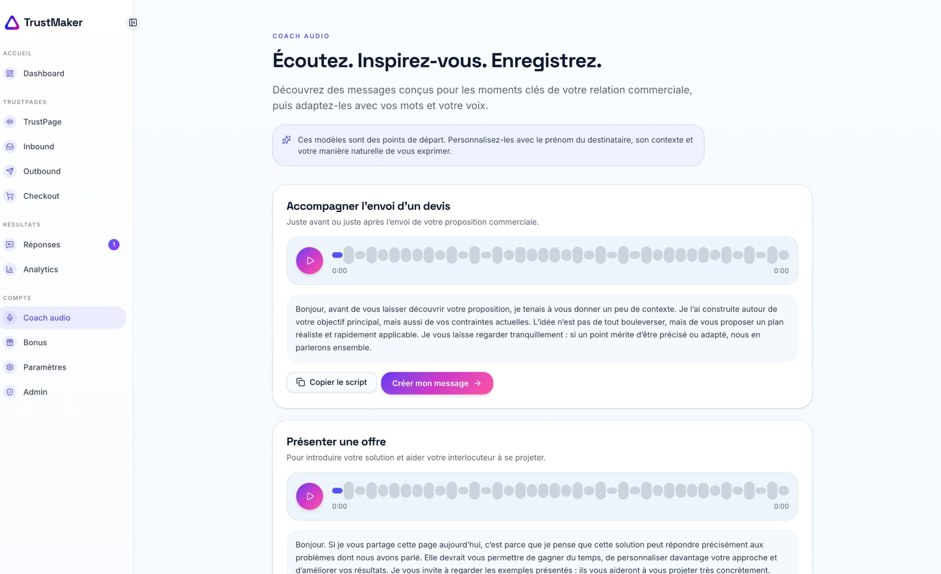 Aperçu de la bibliothèque de modèles audio TrustMaker avec lecteur et scripts personnalisables